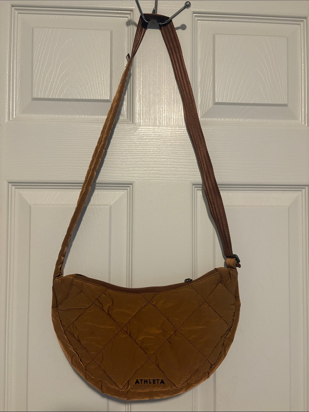 Athleta Quilted Crescent Crossbody Bag in Cognac Brown